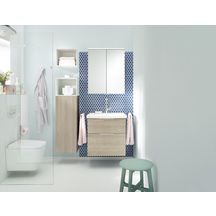 Ensemble EQIO SMART plan de toilette céramique largeur 63 cm avec meuble sous-vasque largeur 60 cm, 2 tiroirs, finition chêne decor cachemire, poignée chromé Réf. SFSQ063F3671C0001G0146