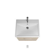 Ensemble EQIO SMART plan de toilette céramique largeur 63 cm avec meuble sous-vasque largeur 60 cm, 2 tiroirs, finition chêne decor cachemire, poignée chromé Réf. SFSQ063F3671C0001G0146