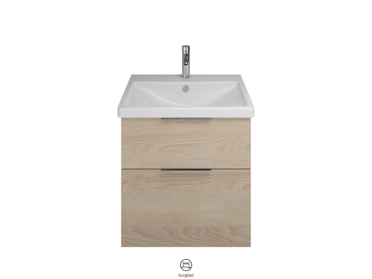 Ensemble EQIO SMART plan de toilette céramique largeur 63 cm avec meuble sous-vasque largeur 60 cm, 2 tiroirs, finition chêne decor cachemire, poignée chromé Réf. SFSQ063F3671C0001G0146