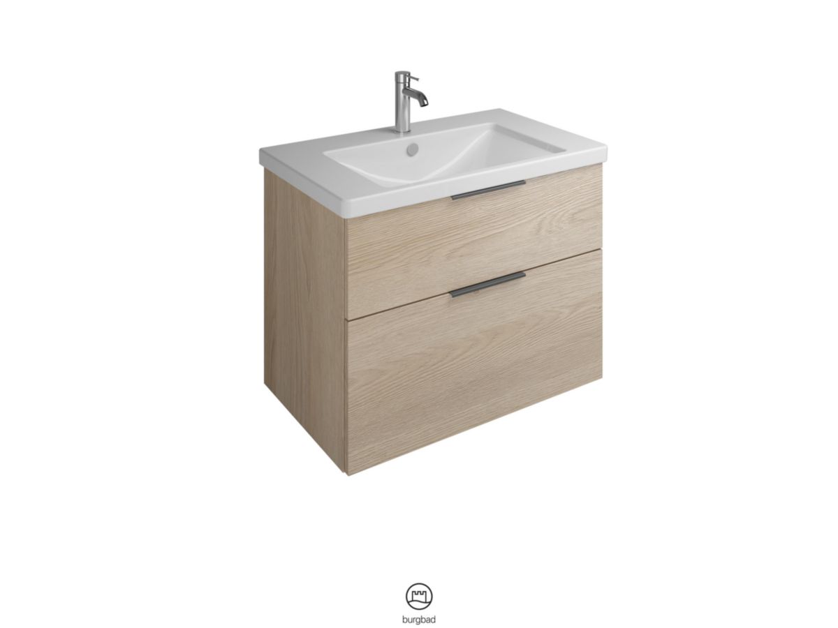 Ensemble EQIO SMART plan de toilette céramique largeur 83 cm avec meuble sous-vasque largeur 80 cm, 2 tiroirs, finition chêne décor cachemire, poignée noir Réf. SFSQ083F3671C0001G0200