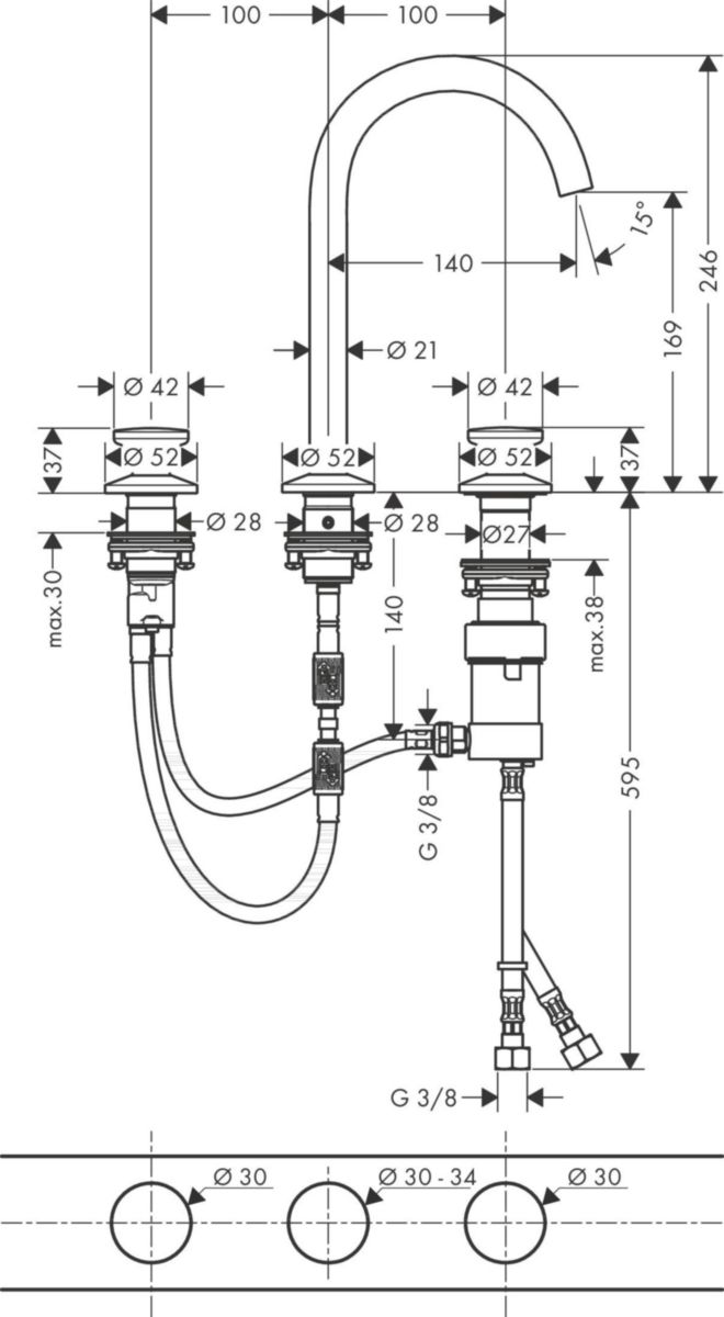 AXOR One Mitigeur de lavabo 3 trous 170, bonde Push-Open, Aspect doré poli