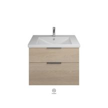 Ensemble EQIO SMART plan de toilette céramique largeur 83 cm avec meuble sous-vasque largeur 80 cm, 2 tiroirs, finition chêne décor cachemire, poignée noir Réf. SFSQ083F3671C0001G0200