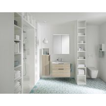 Ensemble EQIO SMART plan de toilette céramique largeur 83 cm avec meuble sous-vasque largeur 80 cm, 2 tiroirs, finition chêne décor cachemire, poignée noir Réf. SFSQ083F3671C0001G0200