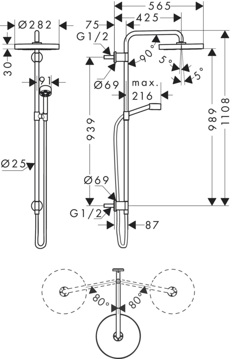 AXOR One Colonne de douche avec douche de tête 280 1jet pour installation encastrée, Rouge doré brossé