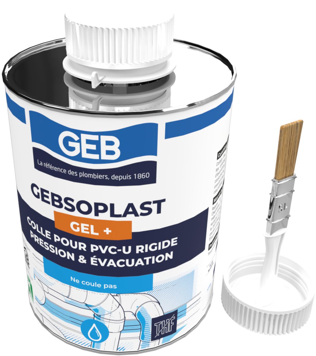 GEBSOPLAST GEL PLUS colle pour raccord en PVC rigide boîte de 1 litre avec pinceau réf 504746