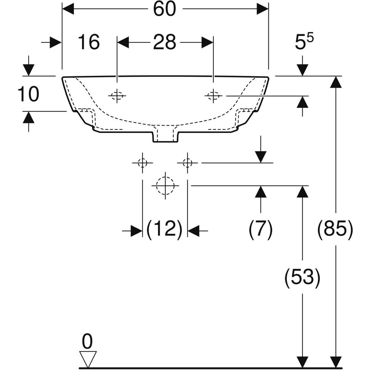 lavabo geberit renova avec équerres de montage: b=60cm, t=48cm, trou de robinetterie=au centre, trop-plein=visible, blanc Réf. 500.371.01.1