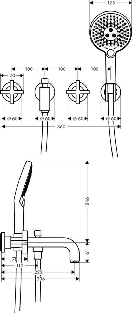 Set de finition Axor CITTERIO pour mélangeur de bain-douche 3 trous encastré avec rosaces et poignées croisillons, chromé réf. 39447000