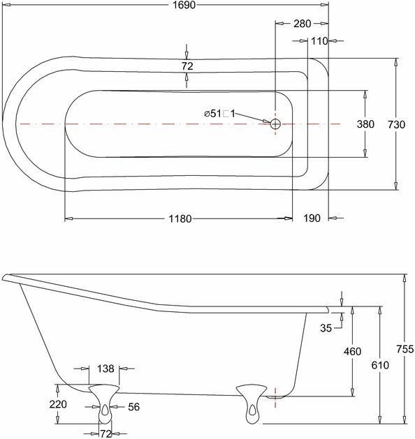 Baignoire ilôt sabot HAREWOOD 170cm réf. E1