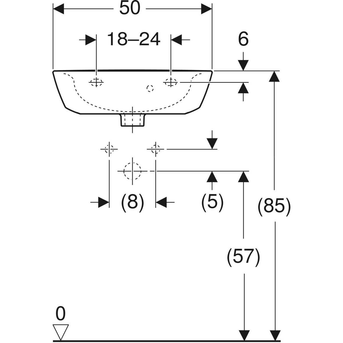 lave-mains geberit renova: b=50cm, t=40cm, trou de robinetterie=au centre, trop-plein=visible, blanc Réf. 500.376.01.1