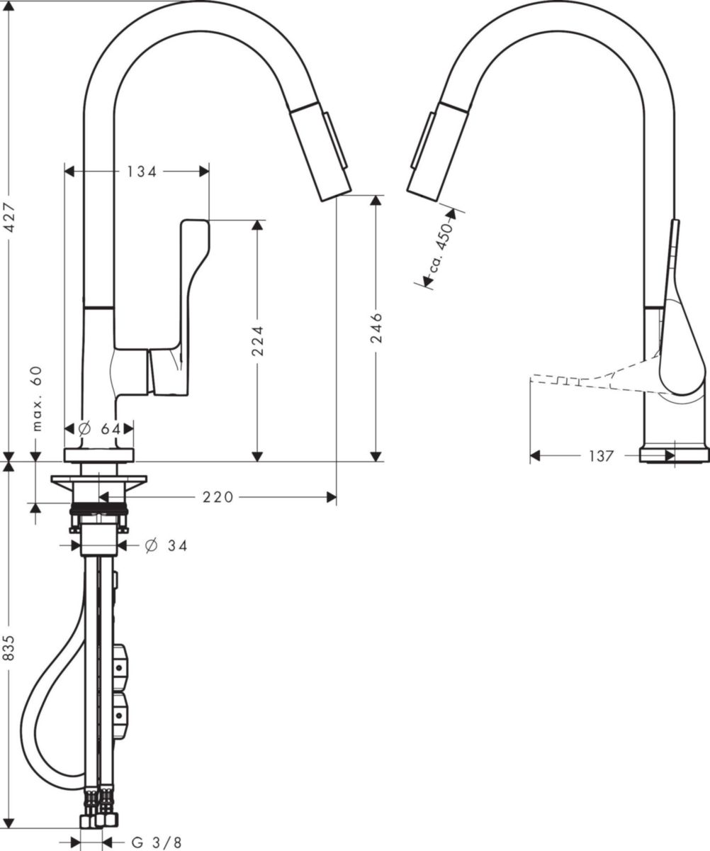 Mitigeur de cuisine Axor CITTERIO avec douchette extractible à 2 jets et bec orientable à 150°, chromé réf. 39835000