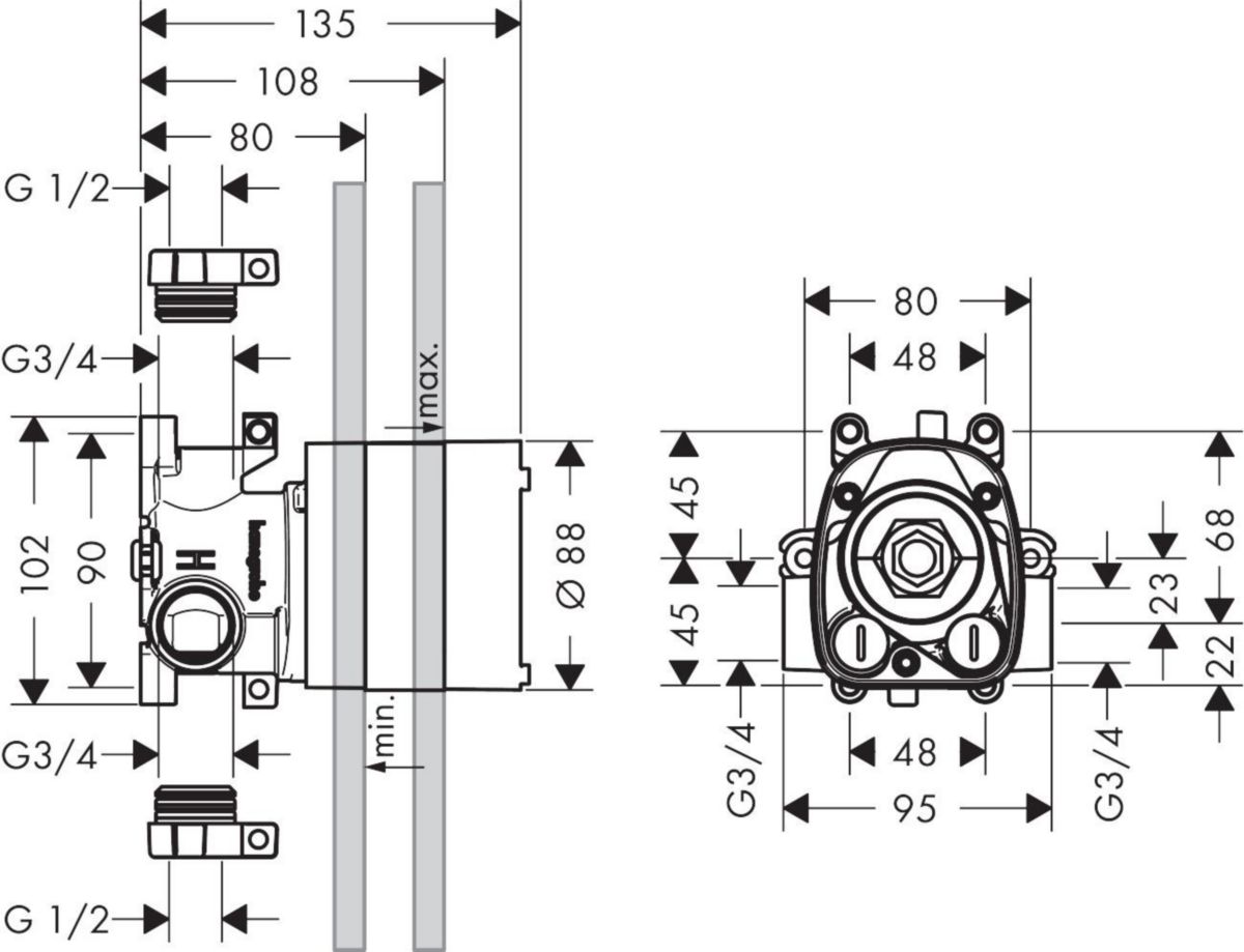 Corps d'encastrement thermostatique encastré 20 x 27, 12 x 12, STARCKSHOWER chromé réf. 10754180