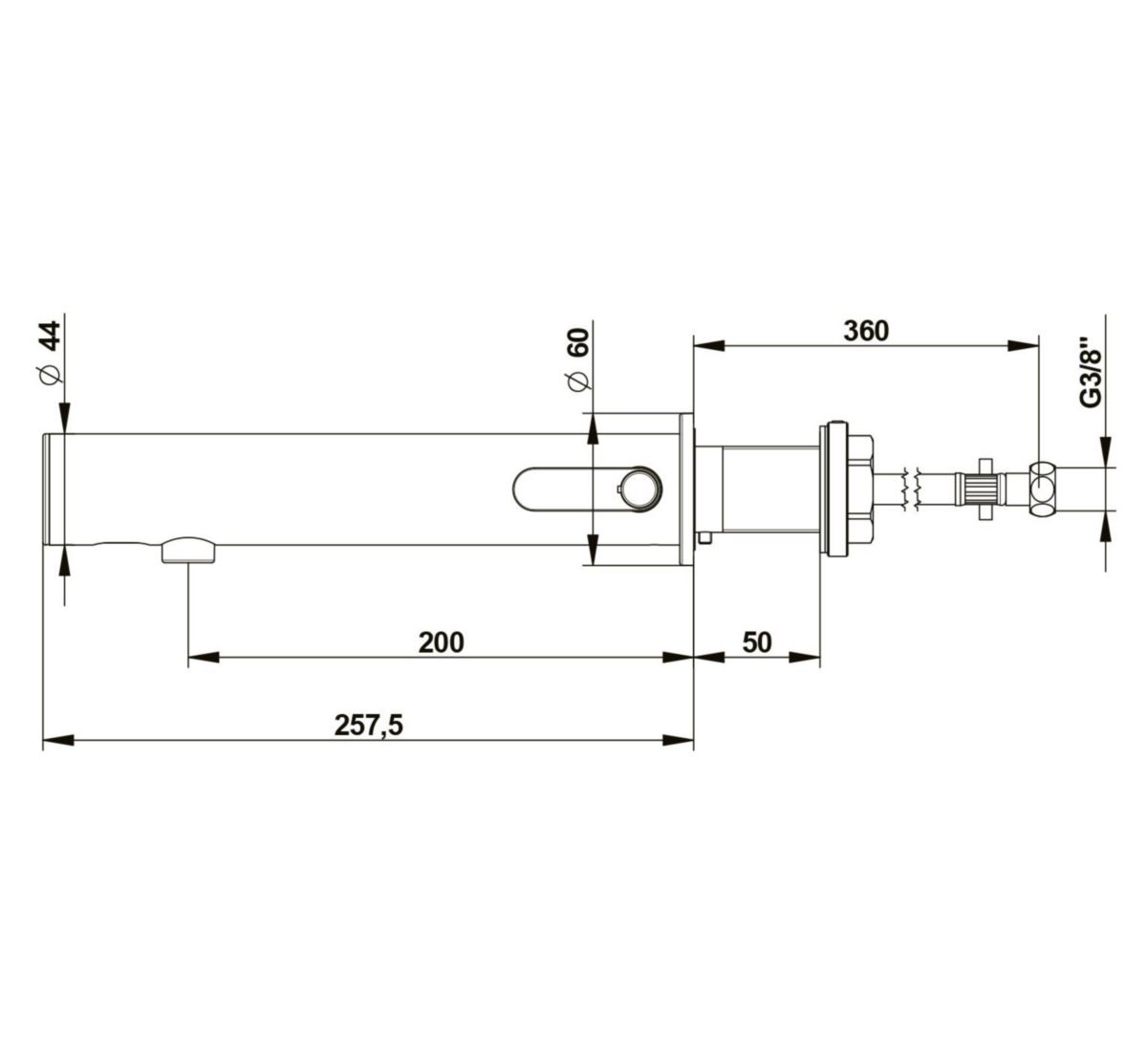 Robinet de lavabo mitigeur mural TC 10-50mm LINEA® . Déclenchement électronique sans contact. Débit 1,9l/min PRESTOGREEN. Alimentation Piles 6V. Raccordement F3/8" Finition