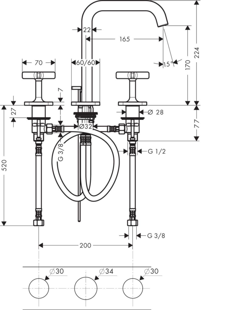 Mélangeur lavabo Axor Citterio E, 3 trous avec rosaces réf. 36108000