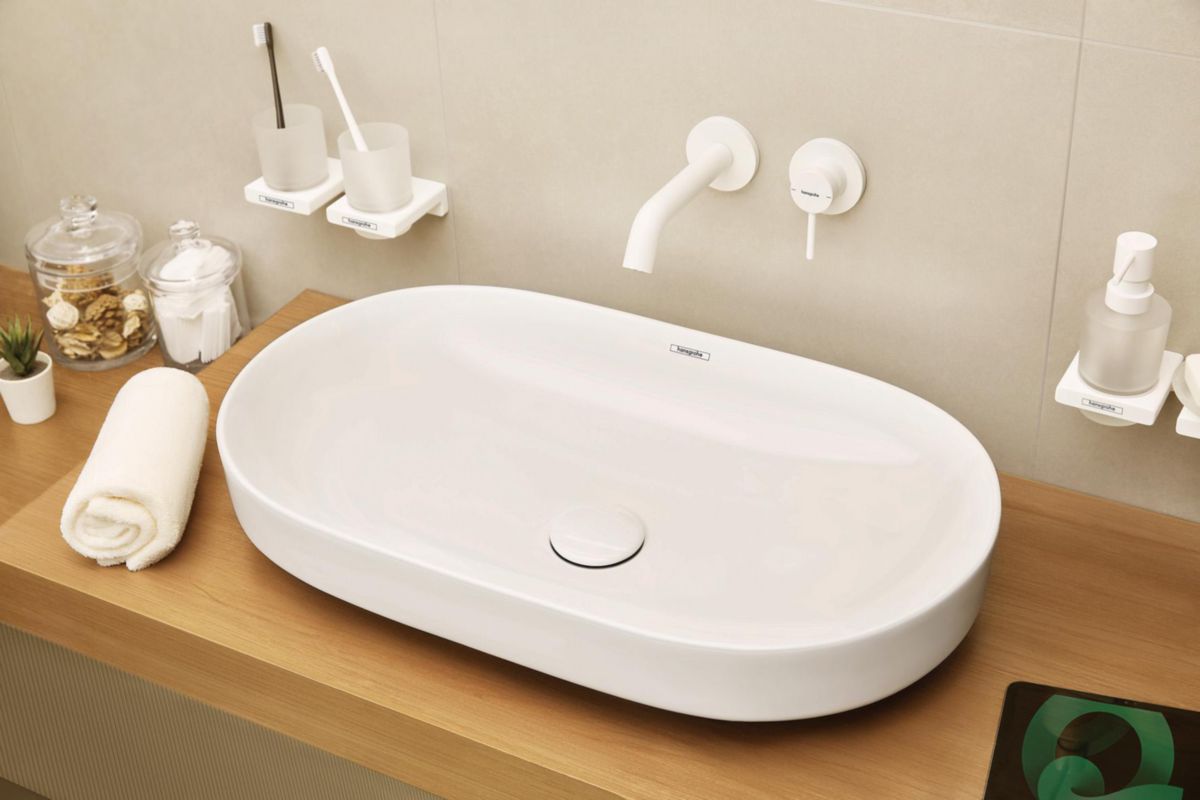 hansgrohe Tecturis S Mitigeur de lavabo encastré mural, bec 16.5 cm, bonde à écoulement libre, Blanc mat