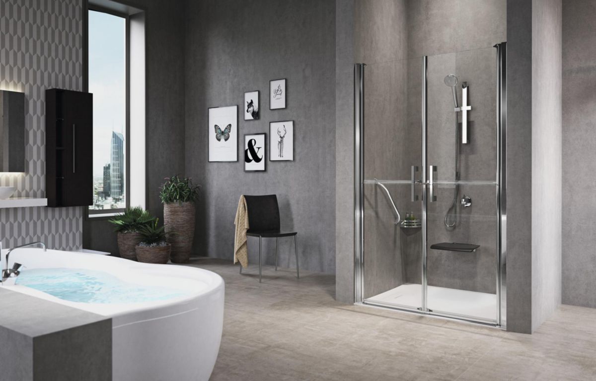 Porte de douche FREE 2B, 2 panneaux battants intérieurs et extérieurs, réversible, 90 cm, extensible de 86 à 92 cm, profilé chromé, verre transparent Réf. FREE2B90-1K