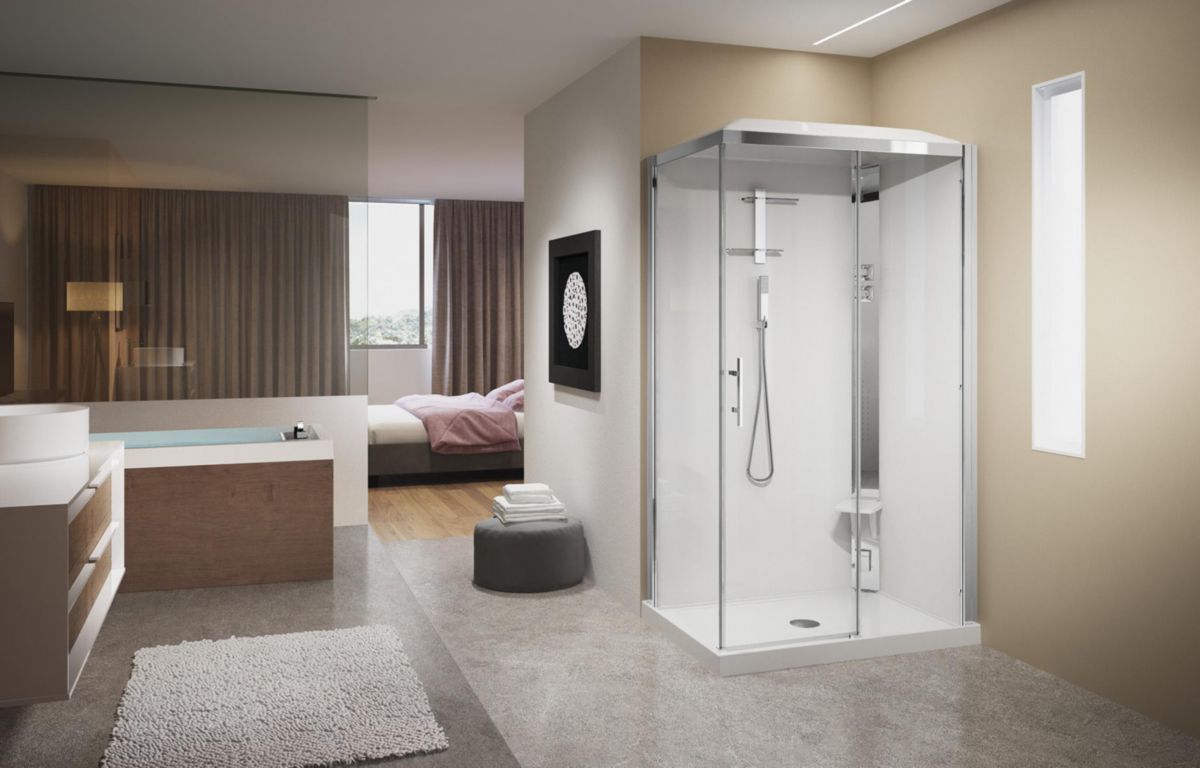 Cabine de douche Holiday cristal 2 2 portes 120x80 thermostatique hydromassage receveur bas verre transparent chrome blanc Réf. HC22P120DT1-1KA