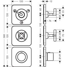 Set de finition Axor Citterio E avec 3 rosaces 12 x 12 pour thermostatique encastré avec robinet d'arrêt et 3 sorties réf. 36704000