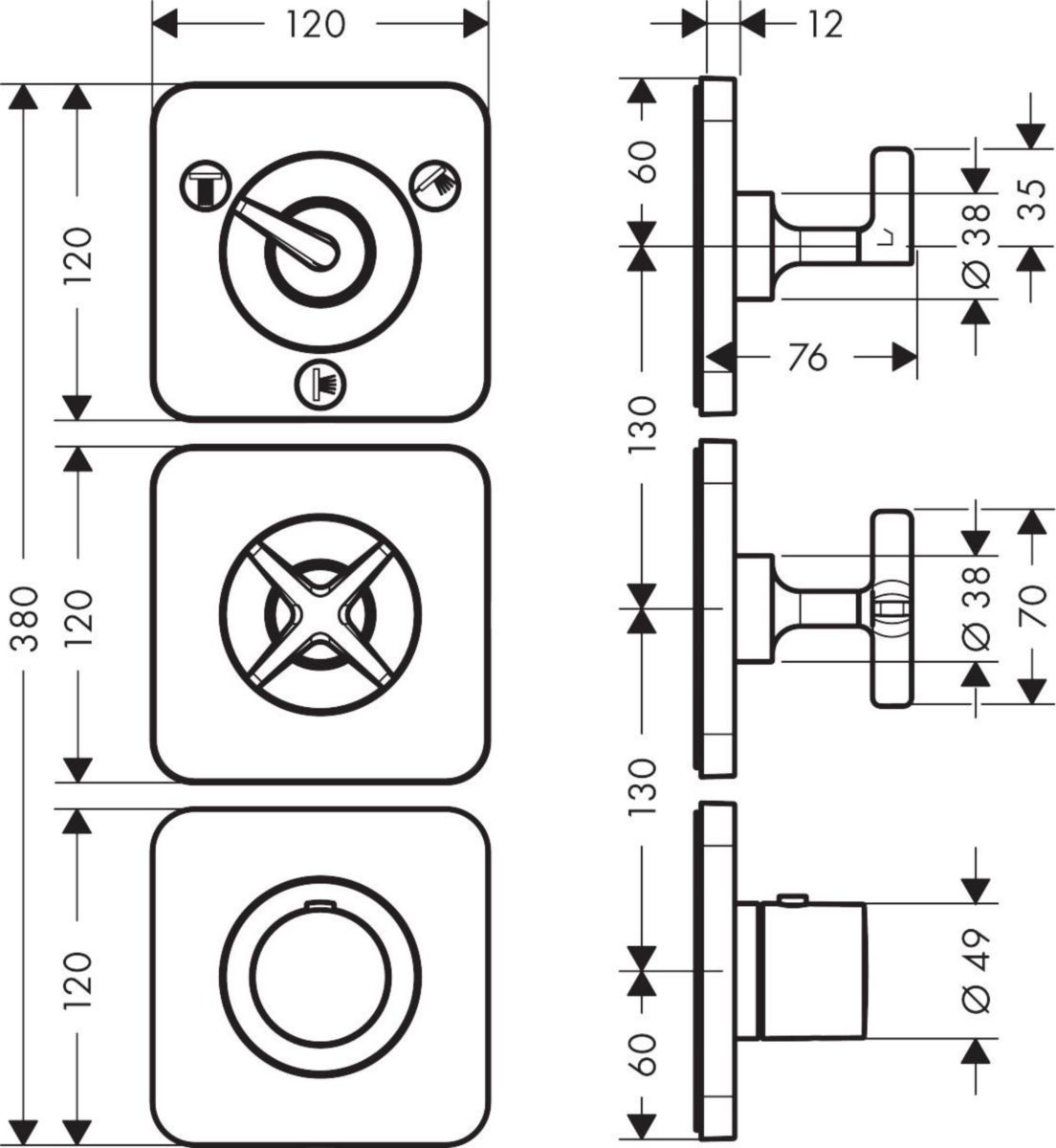 Set de finition Axor Citterio E avec 3 rosaces 12 x 12 pour thermostatique encastré avec robinet d'arrêt et 3 sorties réf. 36704000