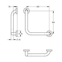 Cette barre 90° facilite le maintien, et le relèvement des personnes à mobilité réduite lors de l'utilisation des équipements de douche. Barre en inox brossé de diamètre 32mm. 2 points de fixeation. 300 x 300 mm