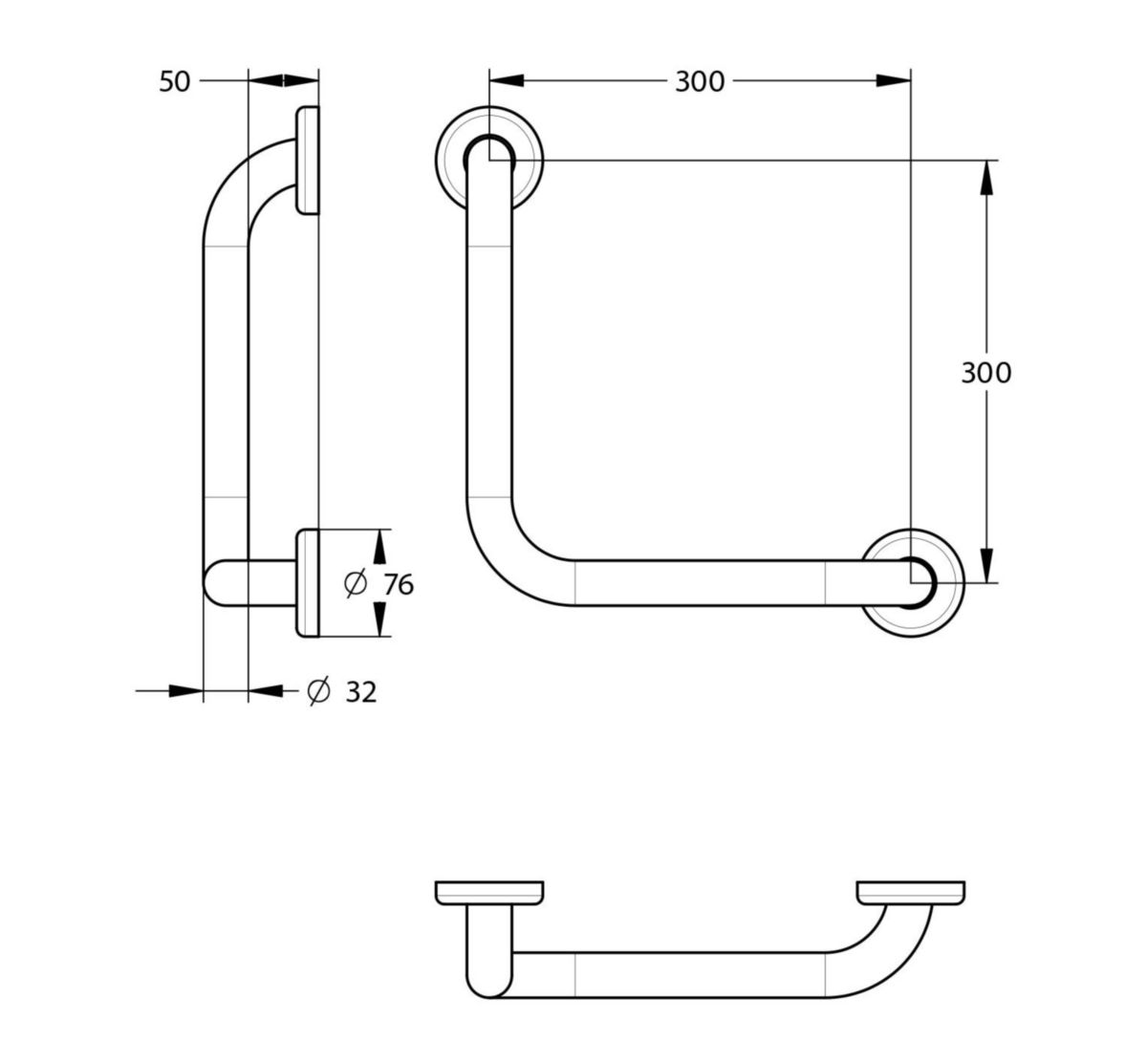 Cette barre 90° facilite le maintien, et le relèvement des personnes à mobilité réduite lors de l'utilisation des équipements de douche. Barre en inox brossé de diamètre 32mm. 2 points de fixeation. 300 x 300 mm