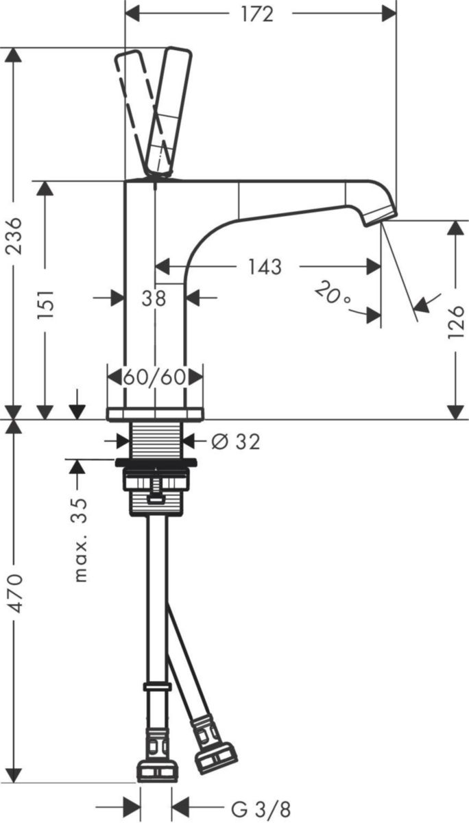 Mitigeur lavabo Axor Citterio E 150 sans tirette ni vidage réf. 36101000