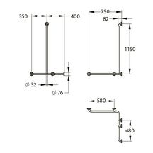 Cette barre de douche d'angle avec barre verticale facilite le maintien des PMR lors de la toilette. Barre en inox brossé de diamètre 32 mm. 5 points de fixeation. 750 x 1150 mm. Compatible avec coulisseau 60471.Modèle droit.