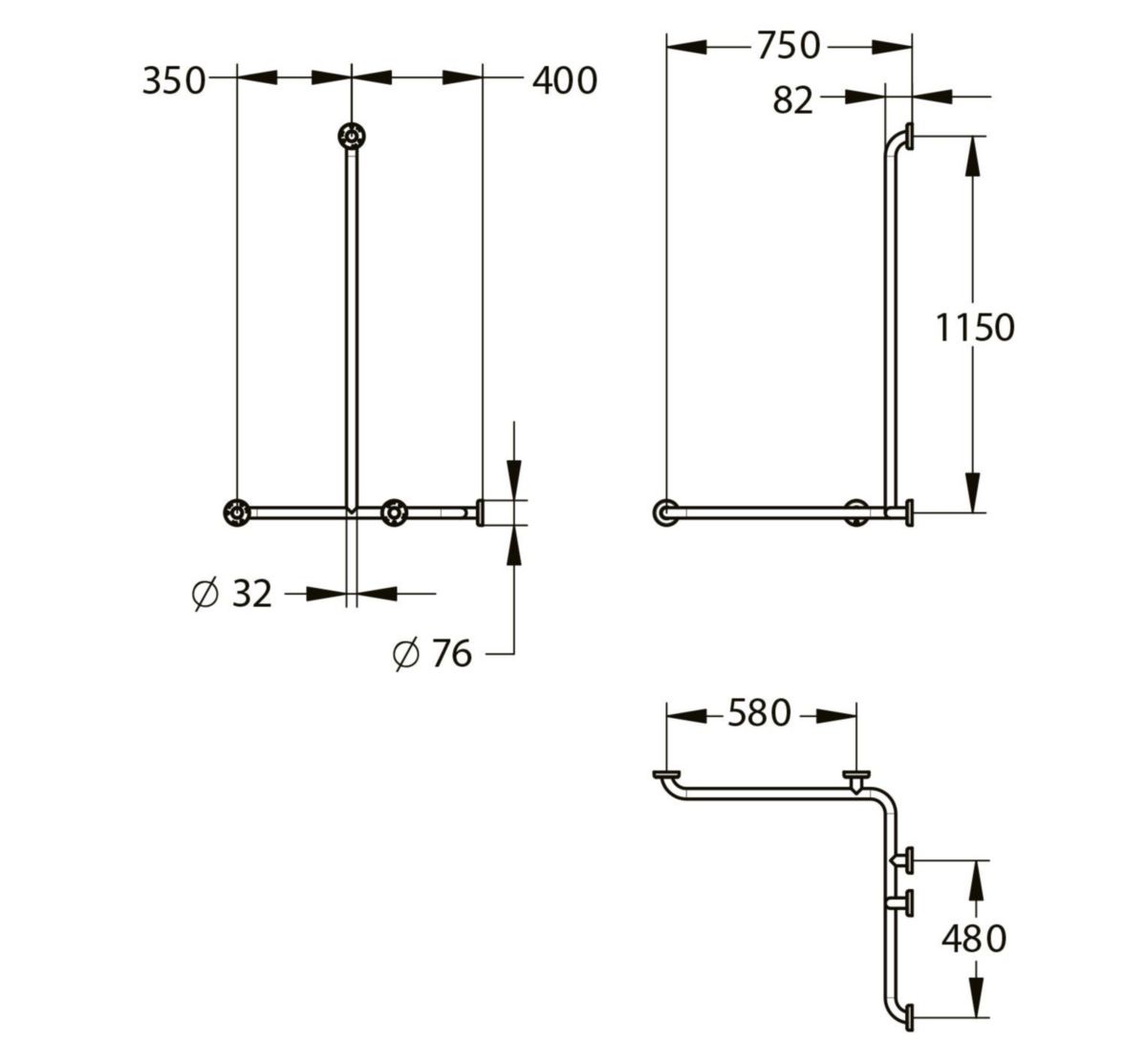 Cette barre de douche d'angle avec barre verticale facilite le maintien des PMR lors de la toilette. Barre en inox brossé de diamètre 32 mm. 5 points de fixeation. 750 x 1150 mm. Compatible avec coulisseau 60471.Modèle droit.