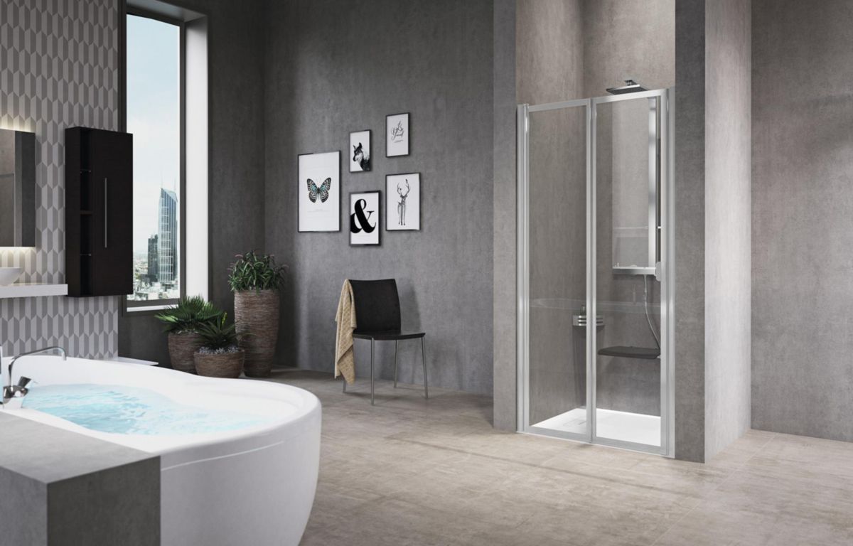 Porte de douche FREE 2 P, pliante en niche, 84 cm, version haute, hauteur 190 cm, extensible de 84 à 87 cm, profilé blanc, verre niva Réf. FREE2P84A-11A