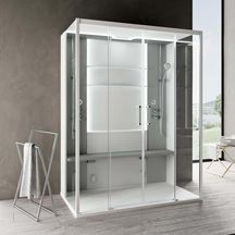 Cabine de douche avec hammam Skill 2A 160x97 en verre transparent blanc doux bandeaux et siège gris silex (receveur bas) réf. SKI2A160T5-1UN2