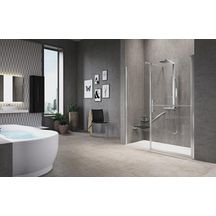 Porte de douche FREE G+F, battante, avec paroi fixe en alignement, en niche, 170 cm, droite, extensible de 166 à 172 cm, profilé blanc, verre transparent Réf. FREEGF170D-1A