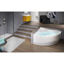 Baignoire d'angle UNA 135x135cm hydro, avec châssis, tablier, vidage automatique + robinetterie bord de baignoire, commande on/off, réglage air/eau, injecteurs whirpool 6 jets chromés, blanche réf. UNA5135135OF-A1K