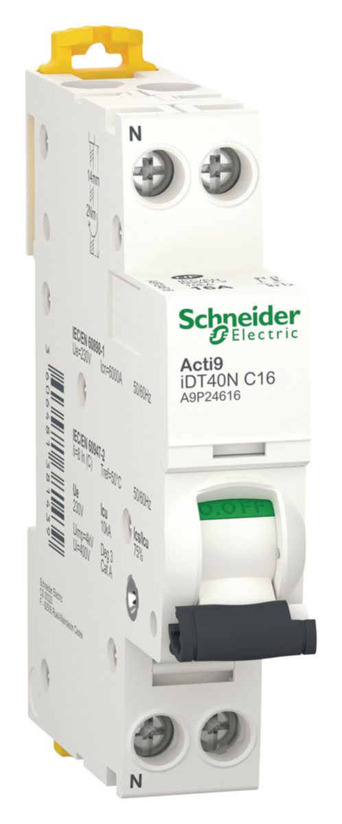 Acti9 iDT40N - disjoncteur modulaire - 1P+N C 16A 6000A/10kA 6000A Icn conformément à EN 60898 - 230 V AC 50/60 Hz / 10kA Icu conformément à EN/IEC 60947-2 - 230..240V AC 50/60 Hz - Rail DIN - NF - largeur 2 pas de 9mm Réf. A9P24616