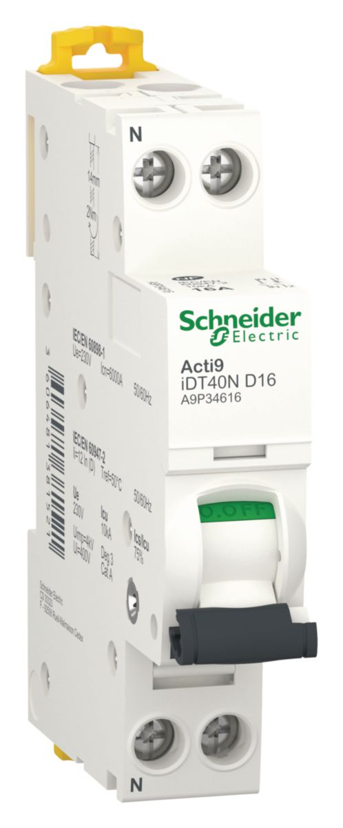 Acti9 iDT40N - disjoncteur modulaire - 1P+N D 16A 6000A/10kA 6000A Icn conformément à EN 60898 - 230 V AC 50/60 Hz / 10kA Icu conformément à EN/IEC 60947-2 - 230..240V AC 50/60 Hz - Rail DIN - NF - largeur 2 pas de 9mm Réf. A9P34616