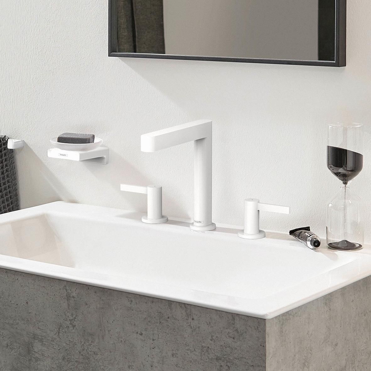 hansgrohe Finoris Mélangeur de lavabo 3 trous 160, bonde Push-Open, Blanc mat