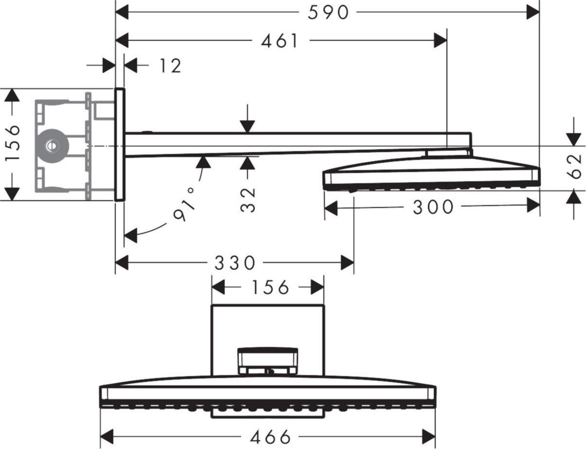 AXOR ShowerSolutions Douche de tête 460 / 300 3jet avec bras de douche 450 mm et rosace carrée, Aspect doré brossé