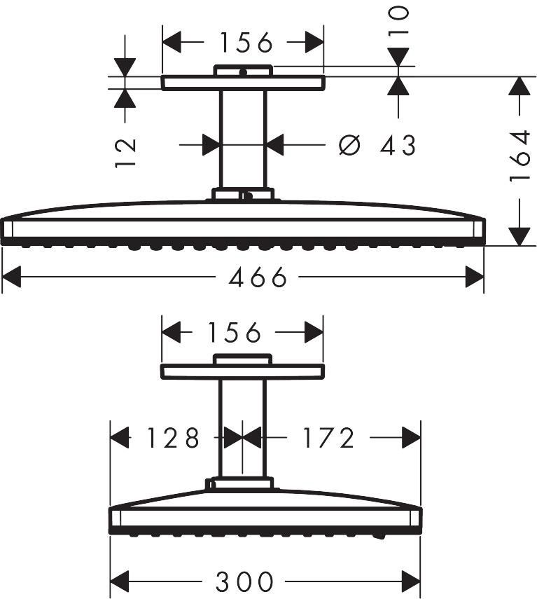 AXOR ShowerSolutions Douche de tête 460 / 300 mm 3jet avec raccord plafond 100 mm et rosace carrée, Aspect acier inoxydable