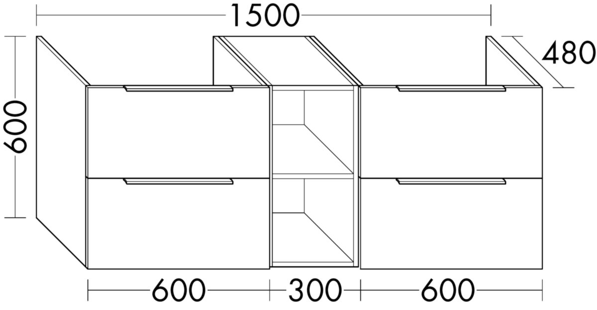 Meuble sous double vasque L.150 x H.60 x P.48 cm, Chêne Décor Cachemire sans poignée prise de main latérale réf: WVXJ150F3496G0000