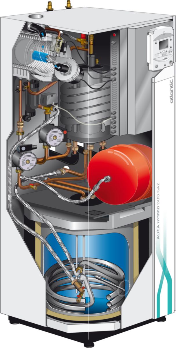 Pompe à chaleur hybride. avec appoint gaz condensation intégré. Split inverter Air-eau Alféa Hybrid Duo Gaz Calo : 10.8 kW 400 V Tri Classe énergétique ECS B réf. 522473