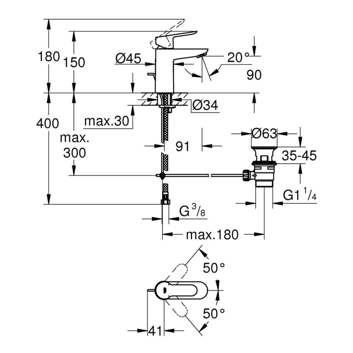 Mitigeur monocommande Lavabo Taille S BauEdge Chromé 23802000