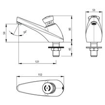 Robinet sur plage pour lavabo Presto 605. Déclenchement mécanique et temporisé par bouton-poussoir. Temporisation 7sec. Débit 3l/min. Raccordement G1/2". Finition chromée et pion bleu.