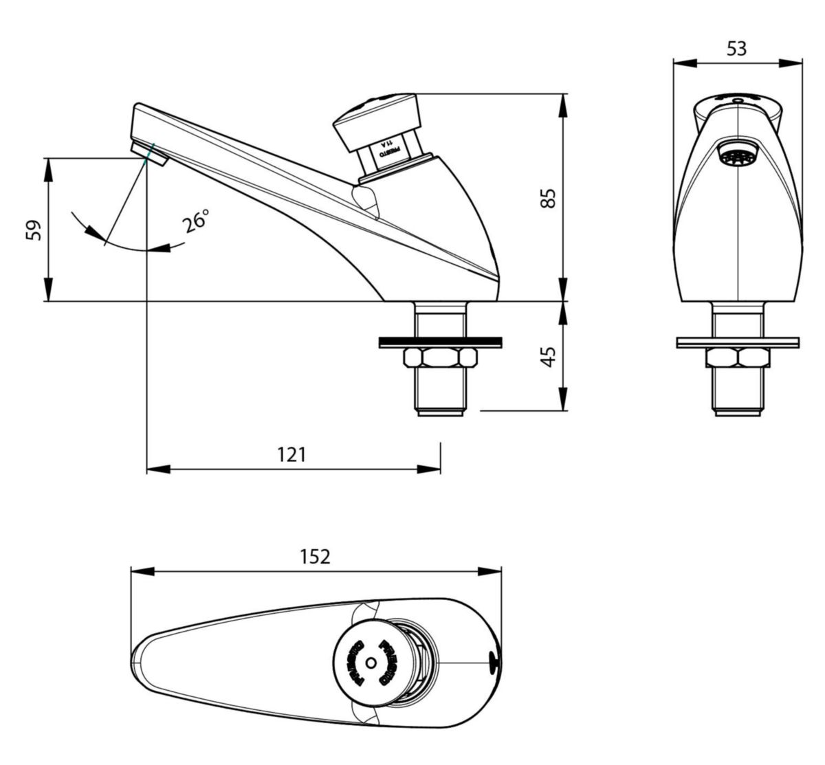 Robinet sur plage pour lavabo Presto 605. Déclenchement mécanique et temporisé par bouton-poussoir. Temporisation 7sec. Débit 3l/min. Raccordement G1/2". Finition chromée et pion bleu.