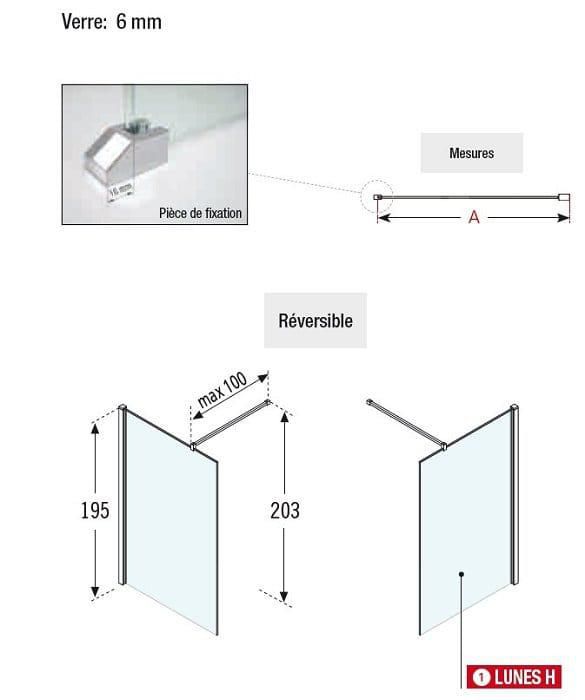 Paroi de douche LUNES H 100 cm extensible 97 cm à 98,5 cm, fixe, avec barre de renfort de 70 cm extensible jusqu'à 100 cm, réversible, en verre sérigraphié quadra et profilé silver Réf. LUNESH100-14B