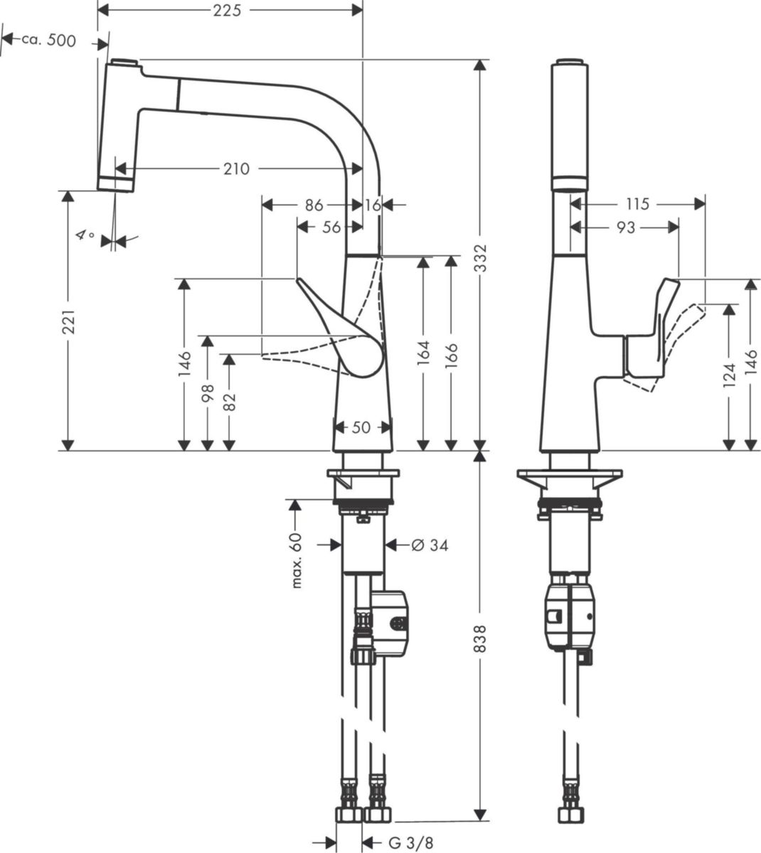 hansgrohe Metris M71 Mitigeur de cuisine 220, avec douchette extractible 2 jets, Chromé