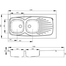 Evier à poser LAVELLI 2 cuves 1200 inox 18/10 PÉTALLE nu, Lisse