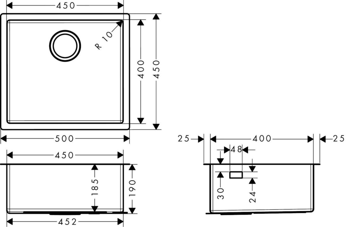 hansgrohe S71 S719-U450 Evier encastré sous plan 450, Acier inoxydable