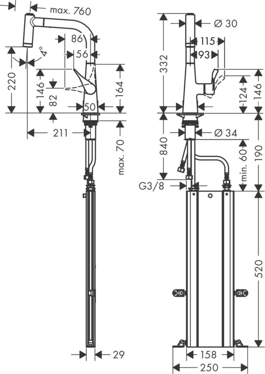 hansgrohe Metris M71 Mitigeur de cuisine 220, avec douchette extractible 2 jets, sBox, Aspect acier inox