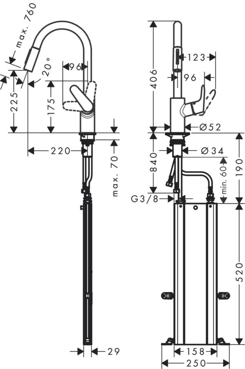 hansgrohe Focus M41 Mitigeur de cuisine 240, avec douchette extractible 2 jets, sBox, Aspect acier inox