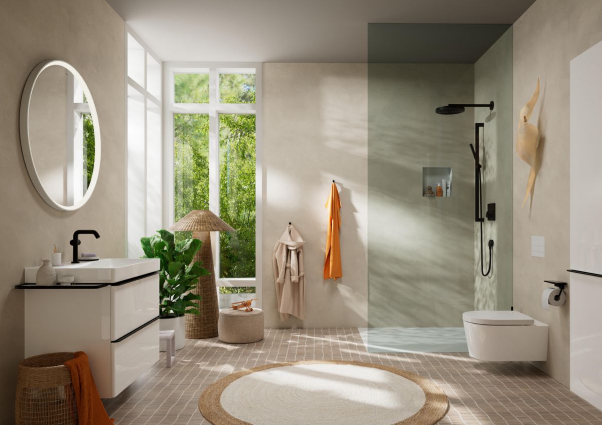 hansgrohe Xelu Q Meuble bas pour plan vasque 780/475 avec 2 tiroirs, caisson Blanc brillant, Finition de la poignée: Noir mat