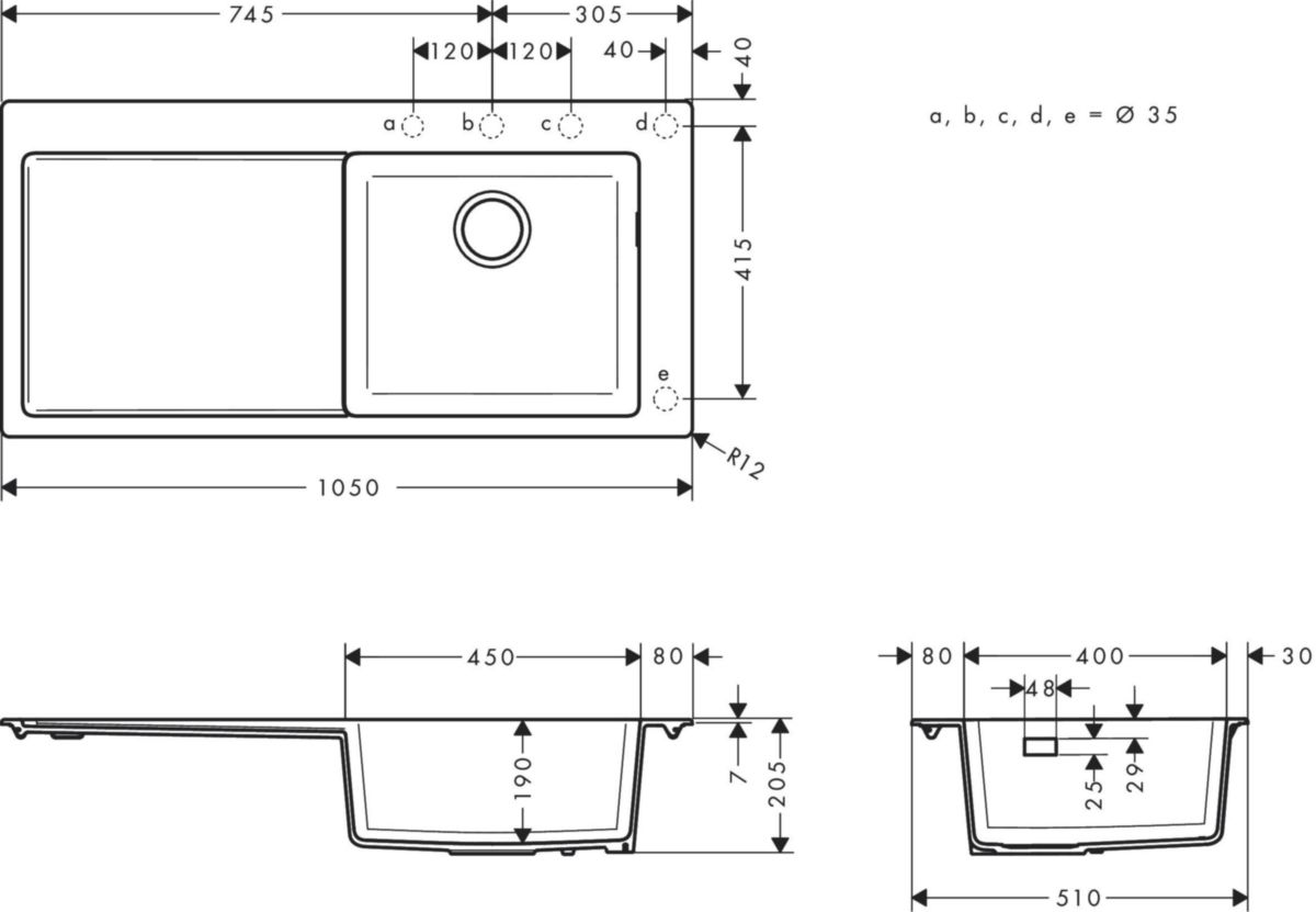 hansgrohe S51 S514-F450 Evier encastré 450 avec égouttoir, Noir graphite