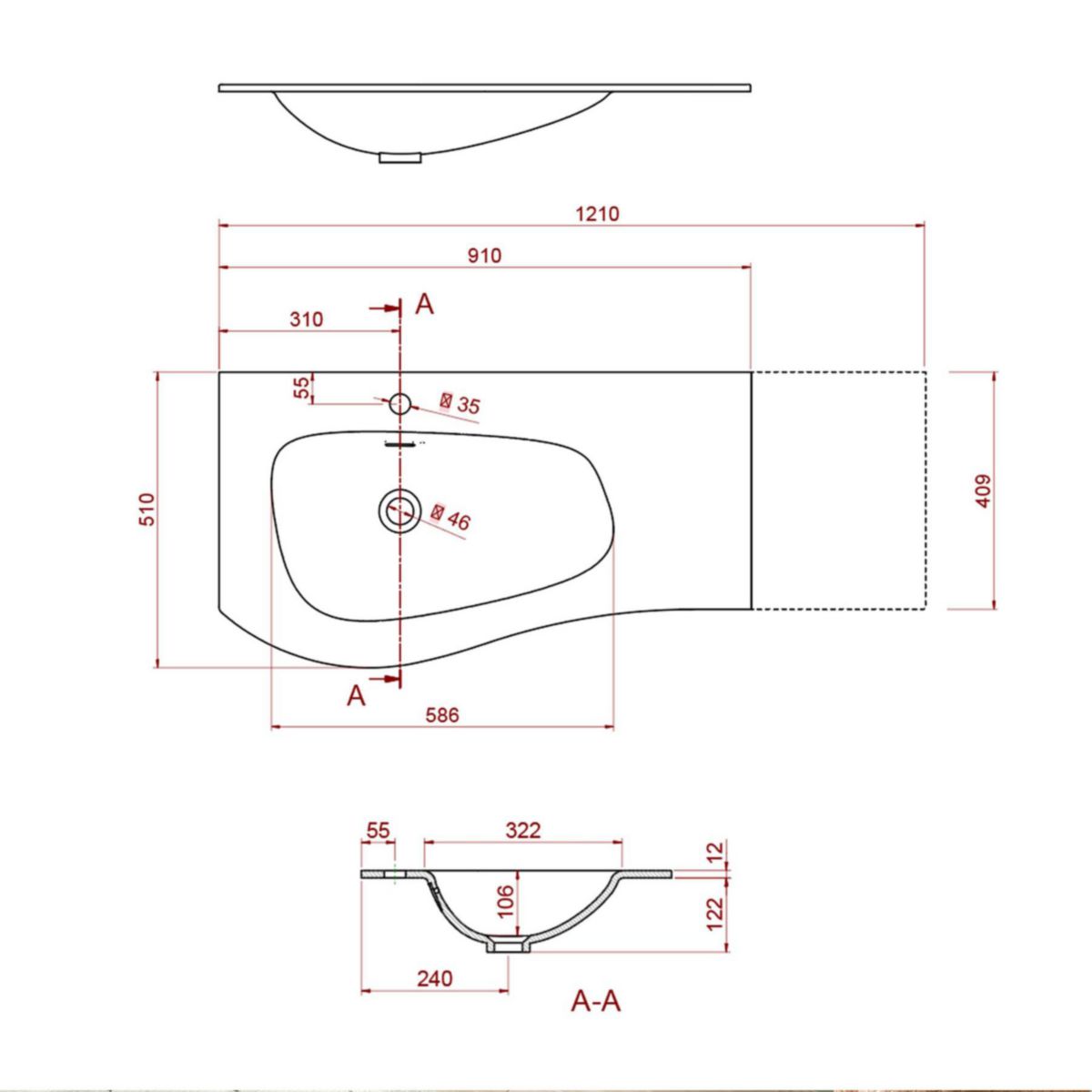 Plan vasque à gauche MAM 900 avec trou de robinetterie coquette à droite solid surface L,91 x Ep.1,2 x P,51 cm réf: 87592